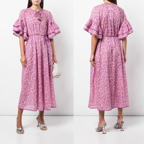 Zimmermann Teddy Ruffle Drawstring Belted Leopard Animal Print Midi Dress - Picture 1 of 10